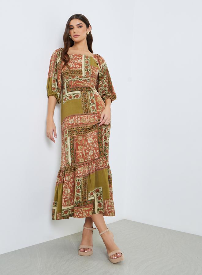 Styli Women Printed Puff Sleeve A-Line Maxi Dress - Image 5